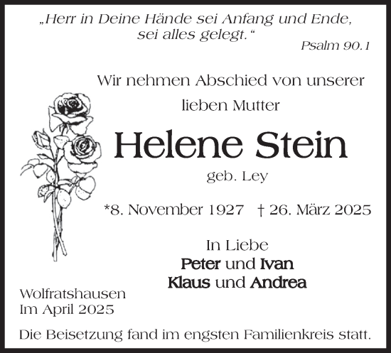 Traueranzeige von Helene Stein von merkurtz