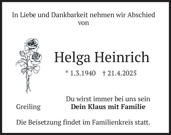 Traueranzeige von Helga Heinrich von merkurtz