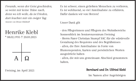 Traueranzeige von Henrike Klebl von merkurtz
