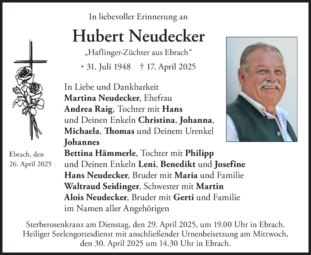  Traueranzeige für Hubert Neudecker vom 26.04.2025 aus merkurtz