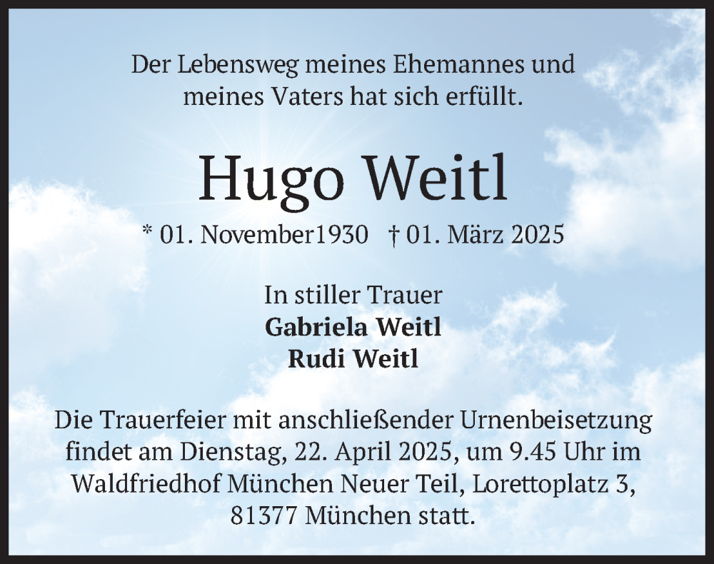  Traueranzeige für Hugo Weitl vom 19.04.2025 aus merkurtz