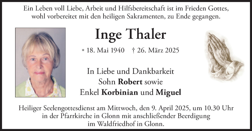  Traueranzeige für Inge Thaler vom 05.04.2025 aus merkurtz