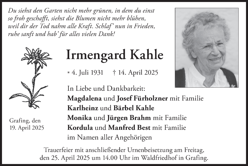  Traueranzeige für Irmengard Kahle vom 19.04.2025 aus merkurtz
