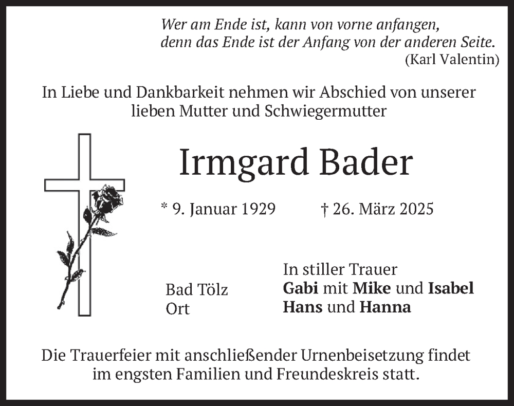  Traueranzeige für Irmgard Bader vom 05.04.2025 aus merkurtz