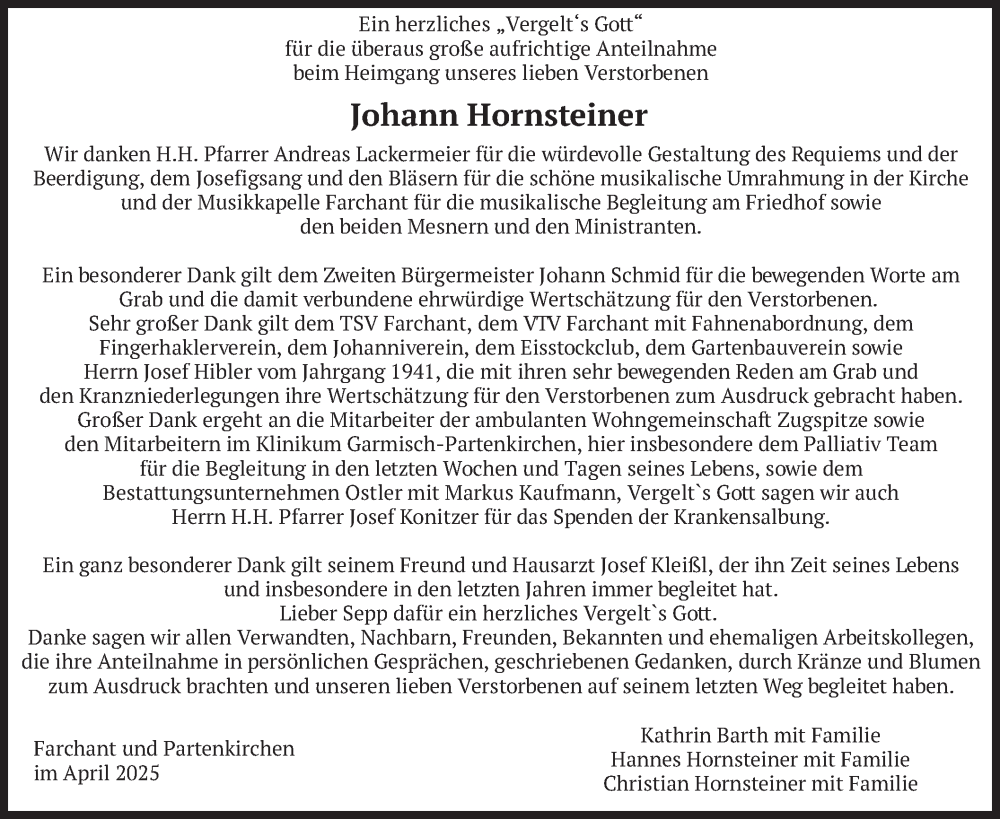  Traueranzeige für Johann Hornsteiner vom 12.04.2025 aus merkurtz
