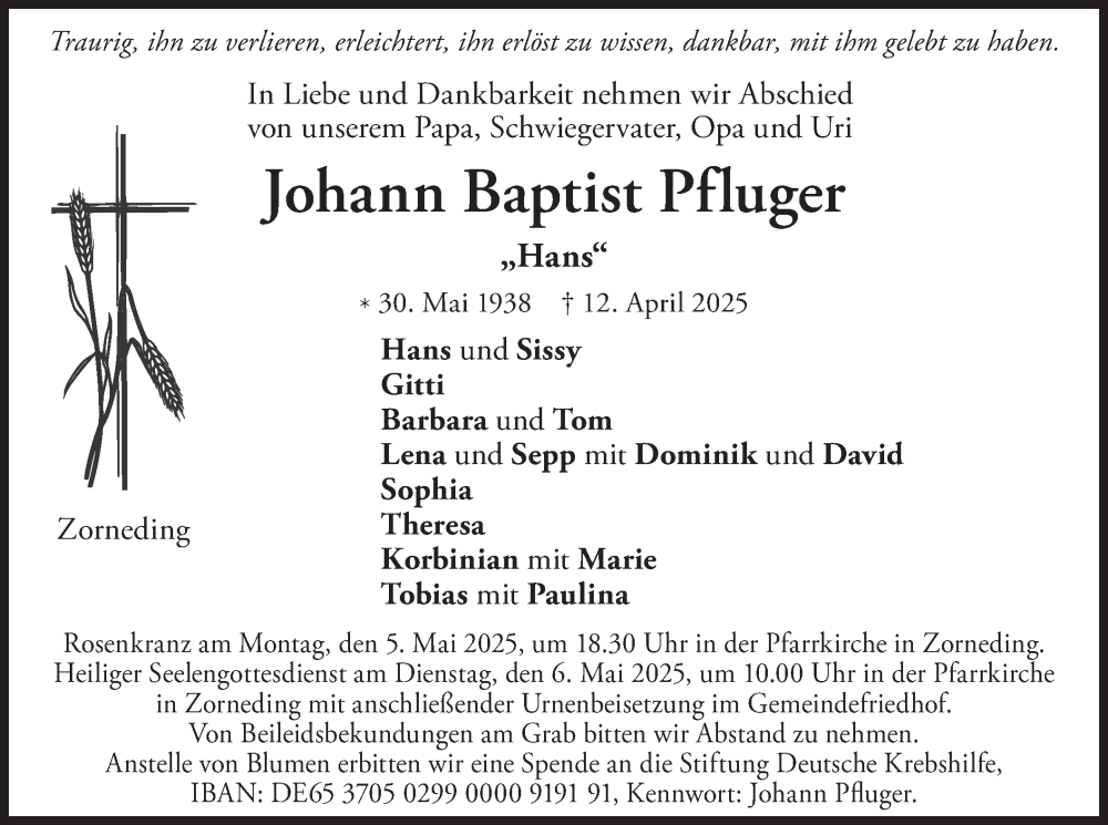  Traueranzeige für Johann Baptist Pfluger vom 26.04.2025 aus merkurtz