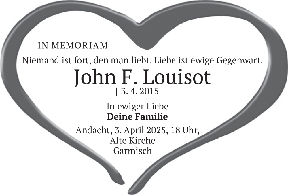  Traueranzeige für John F. Louisot vom 02.04.2025 aus merkurtz