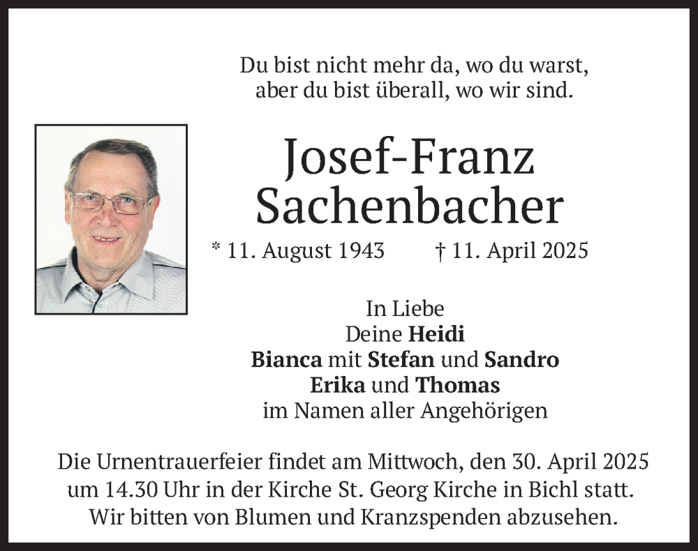  Traueranzeige für Josef-Franz Sachenbacher vom 26.04.2025 aus merkurtz