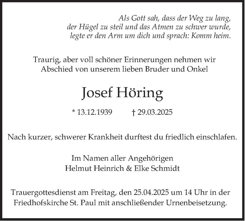  Traueranzeige für Josef Höring vom 19.04.2025 aus merkurtz