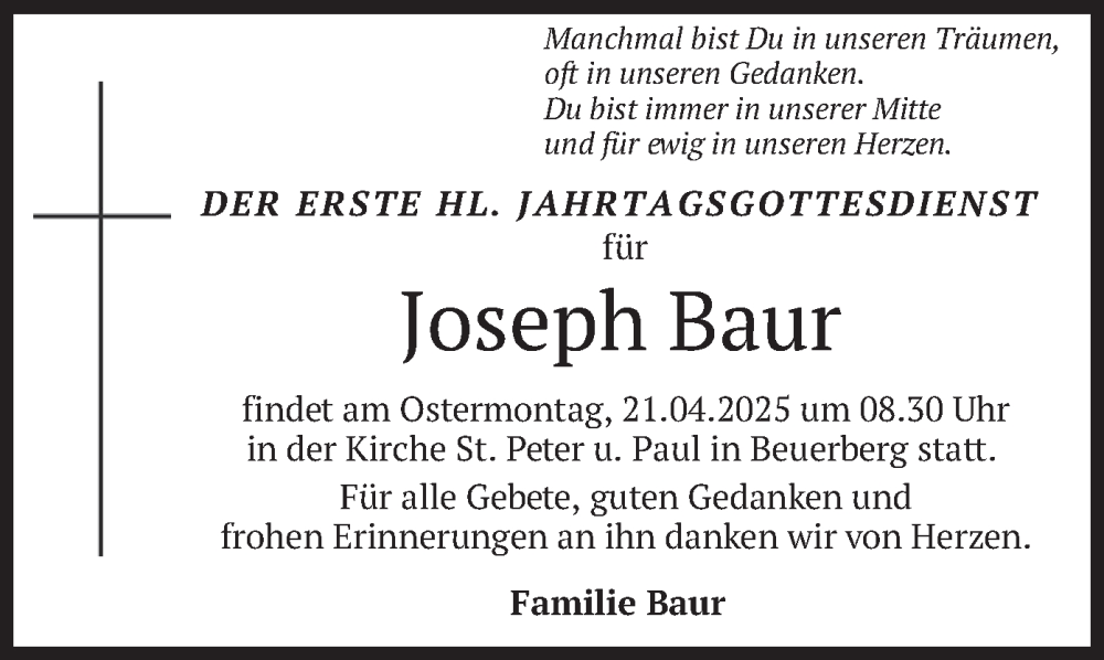  Traueranzeige für Joseph Baur vom 19.04.2025 aus merkurtz