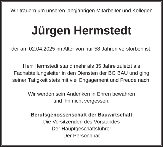 Traueranzeige von Jürgen Hermstedt von merkurtz