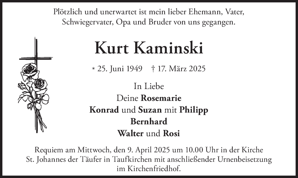  Traueranzeige für Kurt Kaminski vom 05.04.2025 aus merkurtz