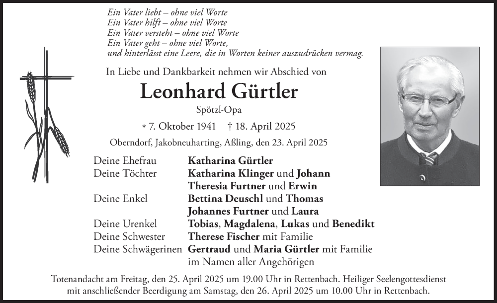  Traueranzeige für Leonhard Gürtler vom 23.04.2025 aus merkurtz