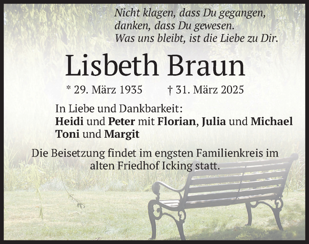  Traueranzeige für Lisbeth Braun vom 12.04.2025 aus merkurtz