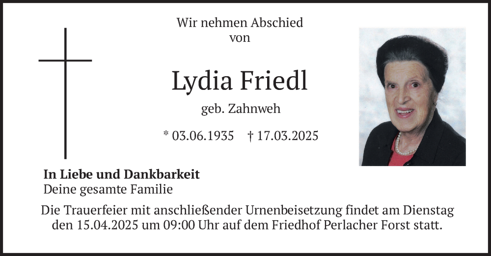  Traueranzeige für Lydia Friedl vom 05.04.2025 aus merkurtz