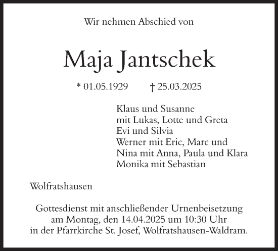 Traueranzeige von Maja Jantschek von merkurtz
