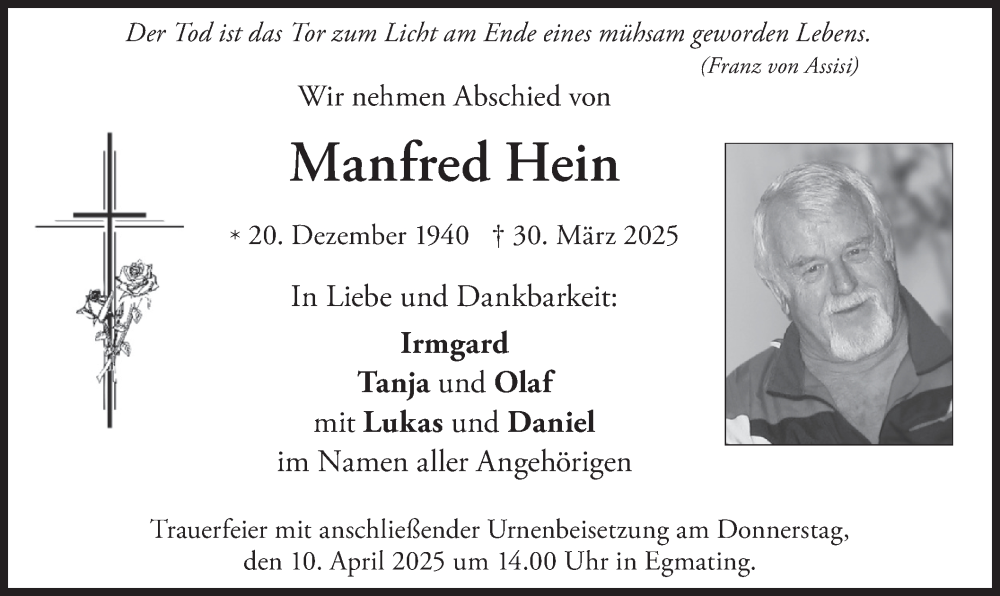  Traueranzeige für Manfred Hein vom 05.04.2025 aus merkurtz