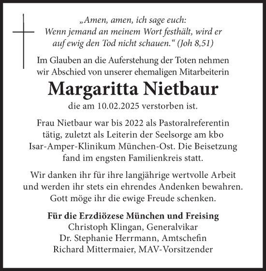 Traueranzeige von Margaritta Nietbaur von merkurtz