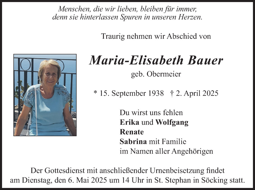  Traueranzeige für Maria-Elisabeth Bauer vom 12.04.2025 aus merkurtz