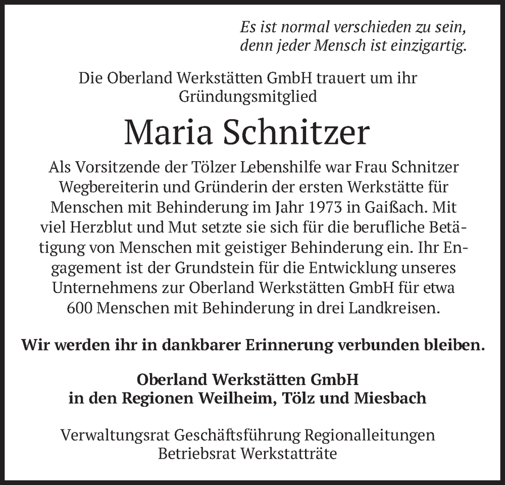  Traueranzeige für Maria Schnitzer vom 23.04.2025 aus merkurtz