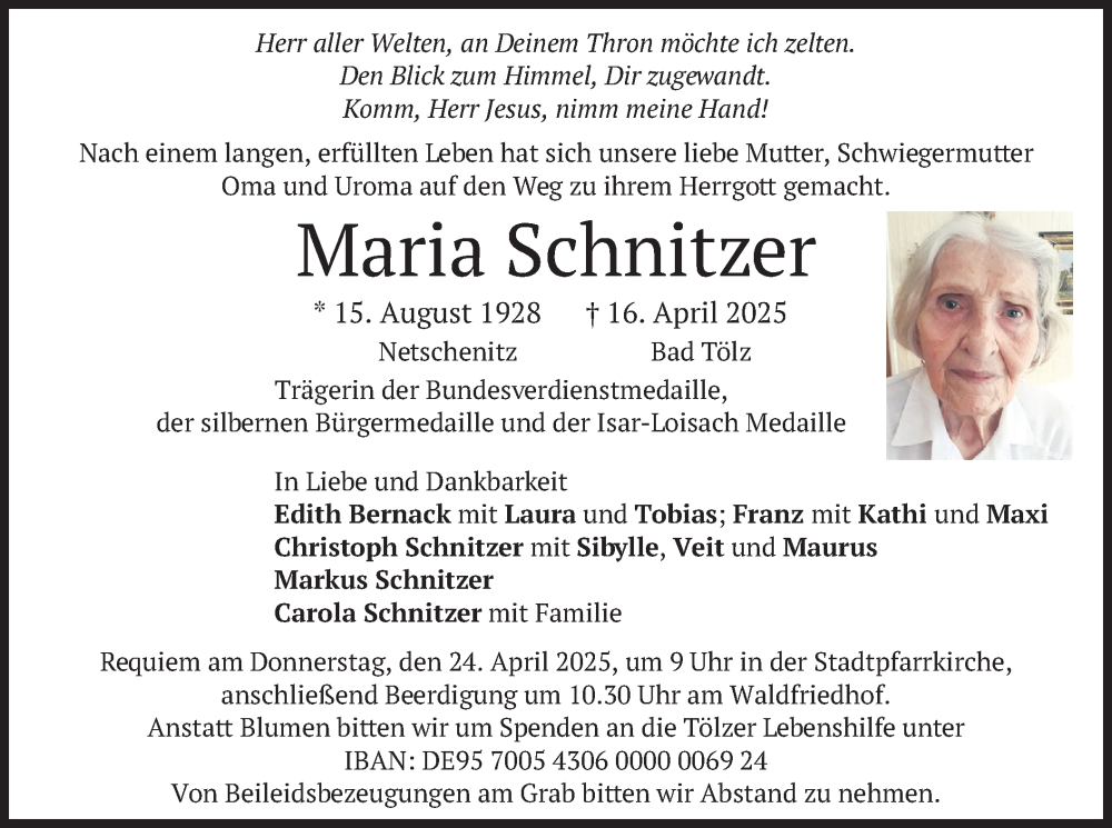  Traueranzeige für Maria Schnitzer vom 19.04.2025 aus merkurtz