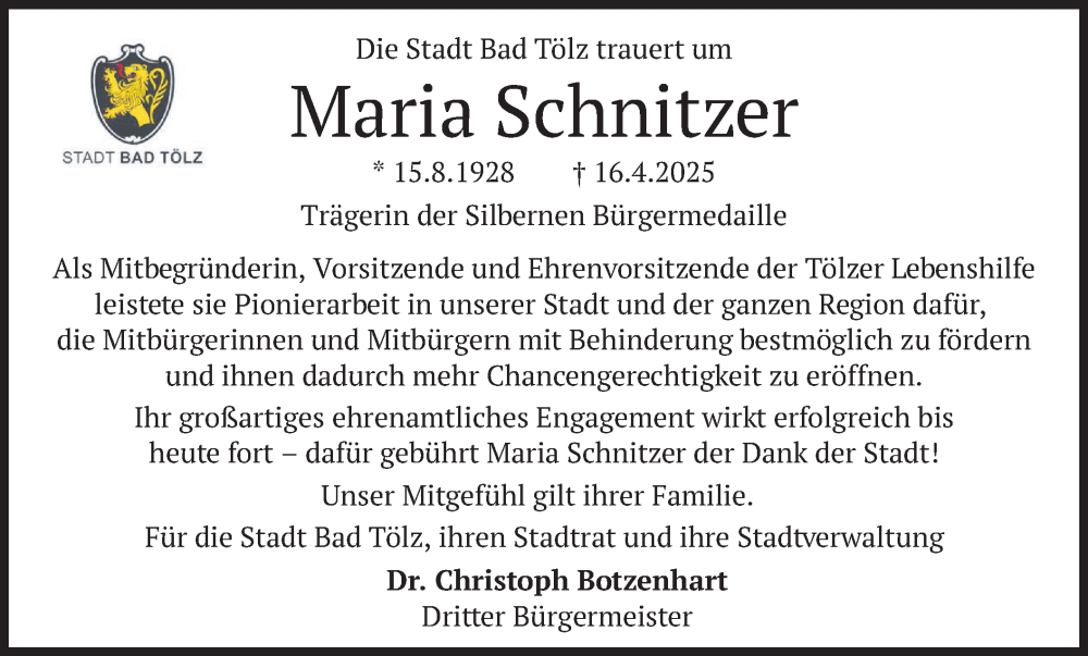  Traueranzeige für Maria Schnitzer vom 24.04.2025 aus merkurtz