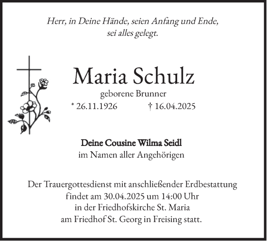 Traueranzeige von Maria Schulz von merkurtz