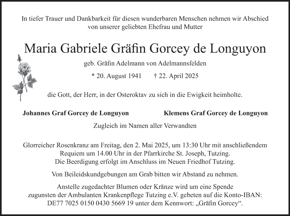  Traueranzeige für Maria Gabriele Gräfin Gorcey de Longuyon vom 26.04.2025 aus merkurtz