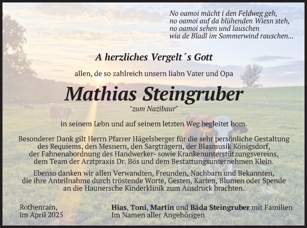  Traueranzeige für Mathias Steingruber vom 05.04.2025 aus merkurtz