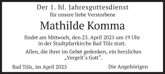 Traueranzeige von Mathilde Komma von merkurtz