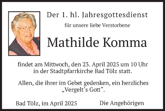 Traueranzeige von Mathilde Komma von merkurtz