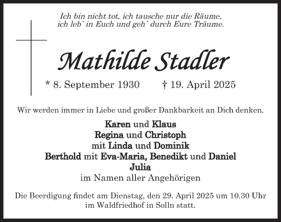 Traueranzeige von Mathilde Stadler von merkurtz