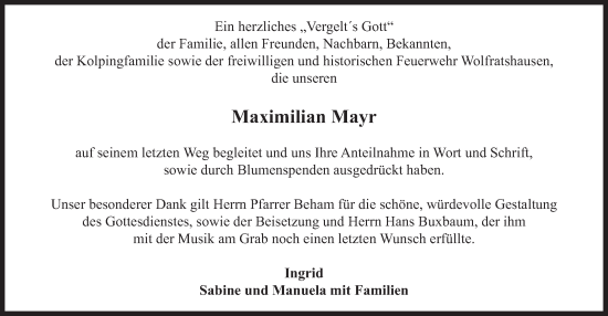 Traueranzeige von Maximilian Mayr von merkurtz