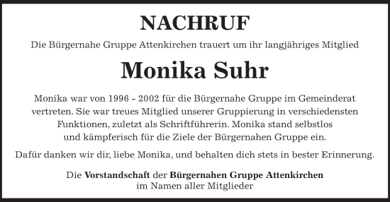 Traueranzeige von Monika Suhr von merkurtz
