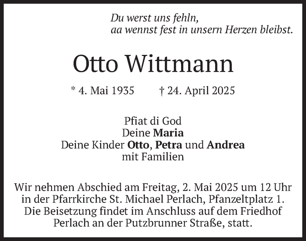  Traueranzeige für Otto Wittmann vom 29.04.2025 aus merkurtz