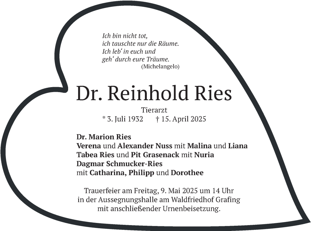 Traueranzeige für Reinhold Ries vom 30.04.2025 aus merkurtz