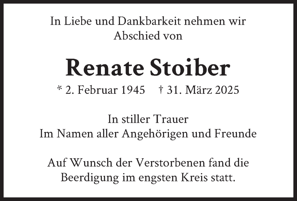  Traueranzeige für Renate Stoiber vom 12.04.2025 aus merkurtz