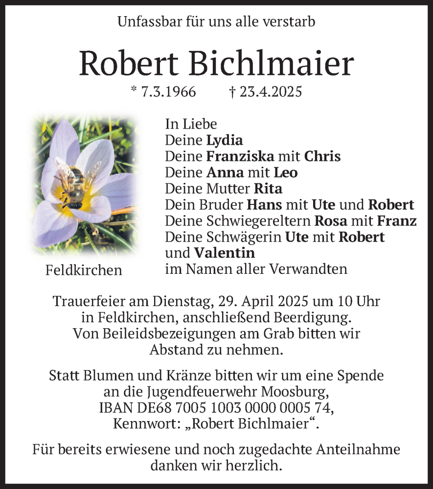  Traueranzeige für Robert Bichlmaier vom 26.04.2025 aus merkurtz