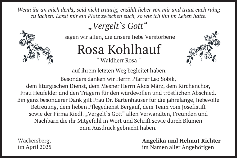  Traueranzeige für Rosa Kohlhauf vom 12.04.2025 aus merkurtz