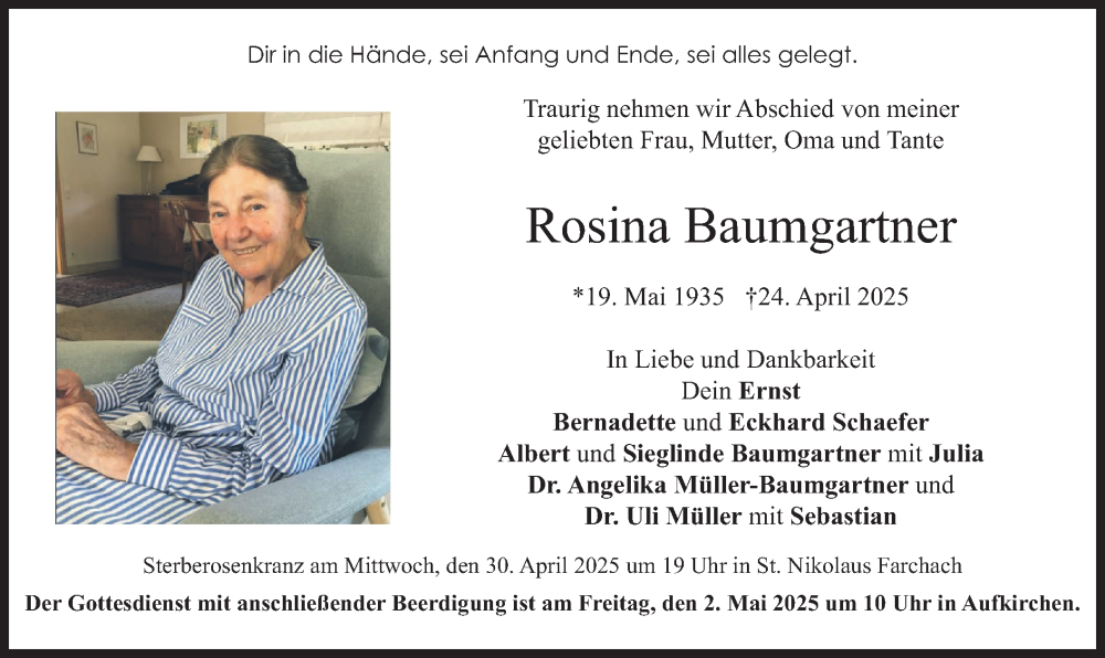  Traueranzeige für Rosina Baumgartner vom 29.04.2025 aus merkurtz
