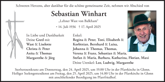 Traueranzeige von Sebastian Winhart von merkurtz