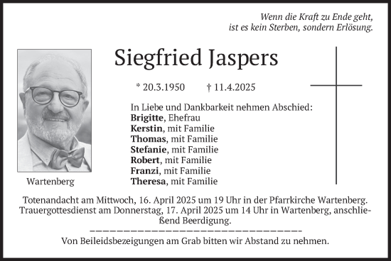 Traueranzeige von Siegfried Jaspers von merkurtz