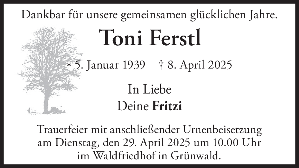  Traueranzeige für Toni Ferstl vom 26.04.2025 aus merkurtz
