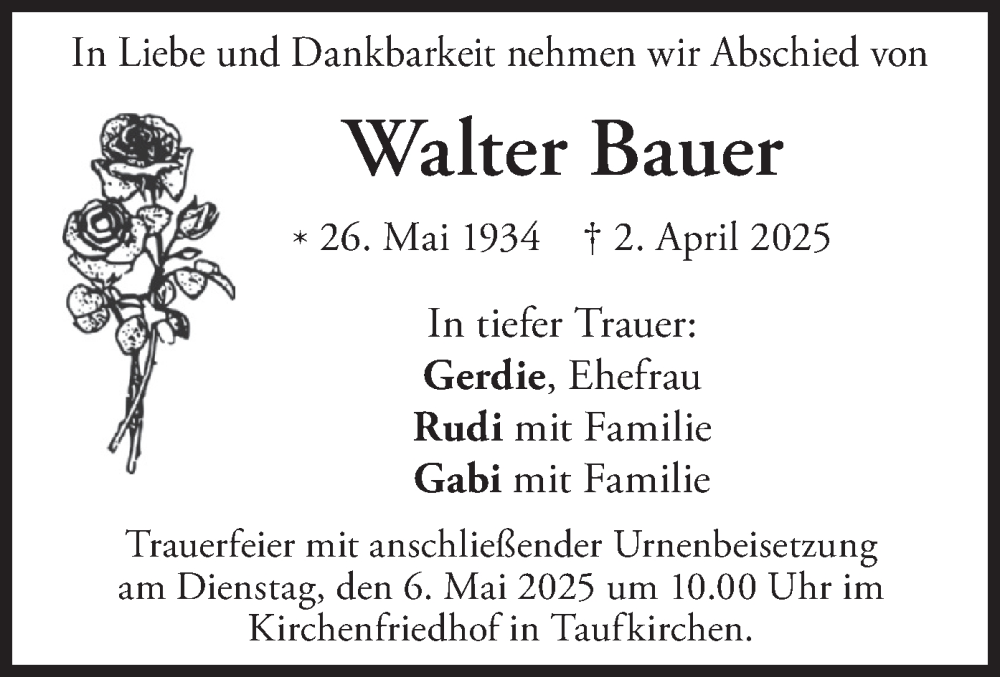  Traueranzeige für Walter Bauer vom 26.04.2025 aus merkurtz