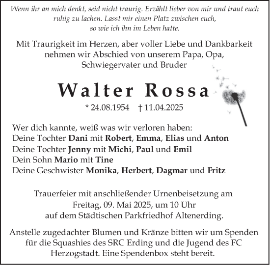 Traueranzeige von Walter Rossa von merkurtz
