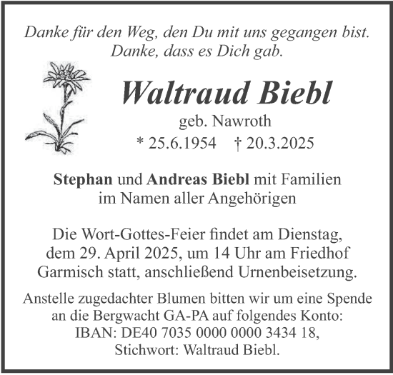 Traueranzeige von Waltraud Biebl von merkurtz