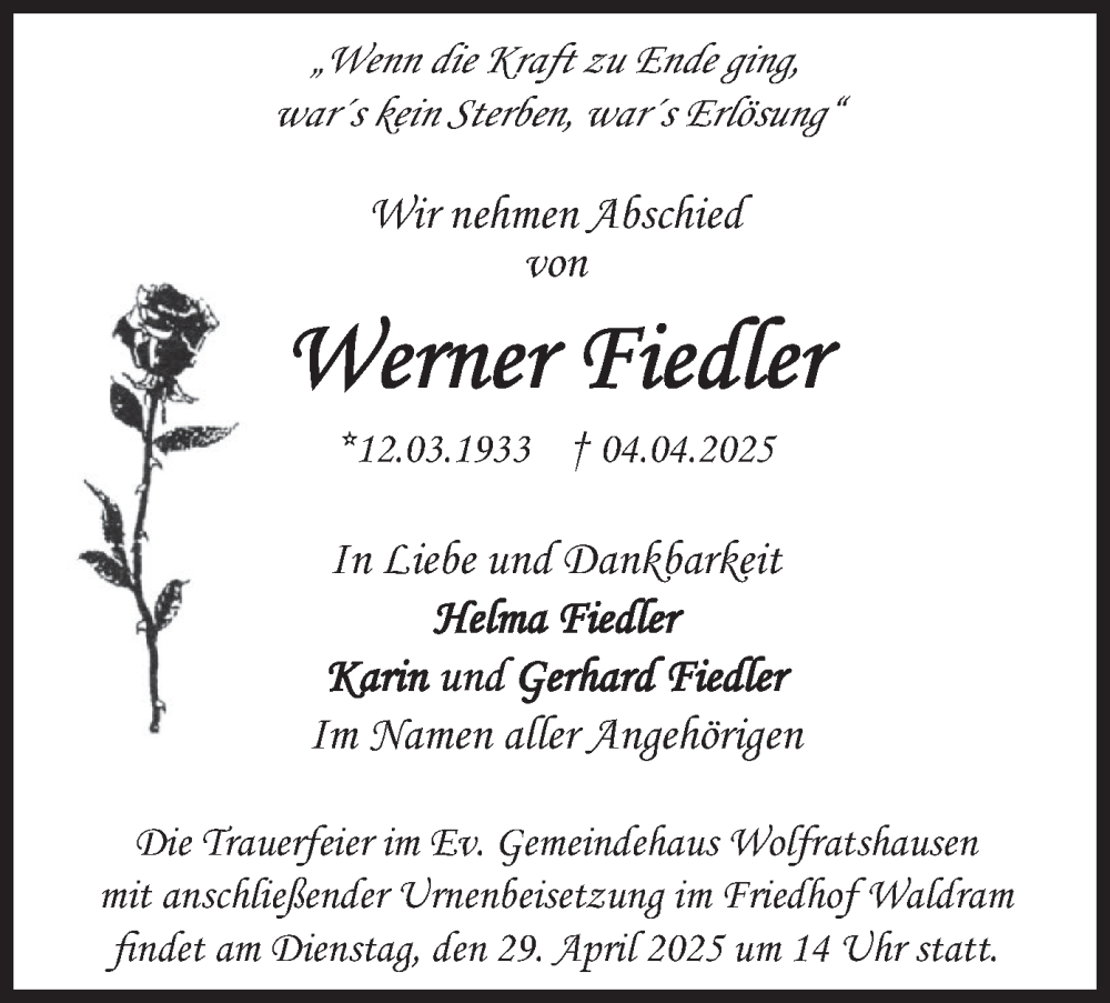  Traueranzeige für Werner Fiedler vom 25.04.2025 aus merkurtz