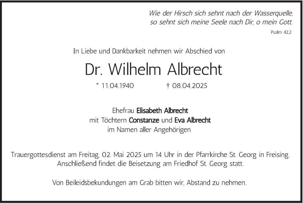  Traueranzeige für Wilhelm Albrecht vom 19.04.2025 aus merkurtz