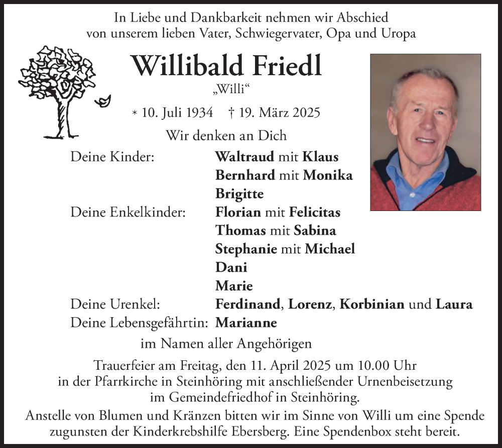 Traueranzeige für Willibald Friedl vom 05.04.2025 aus merkurtz