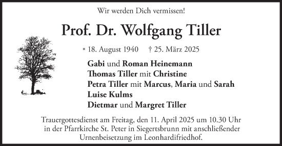 Traueranzeige von Wolfgang Tiller von merkurtz
